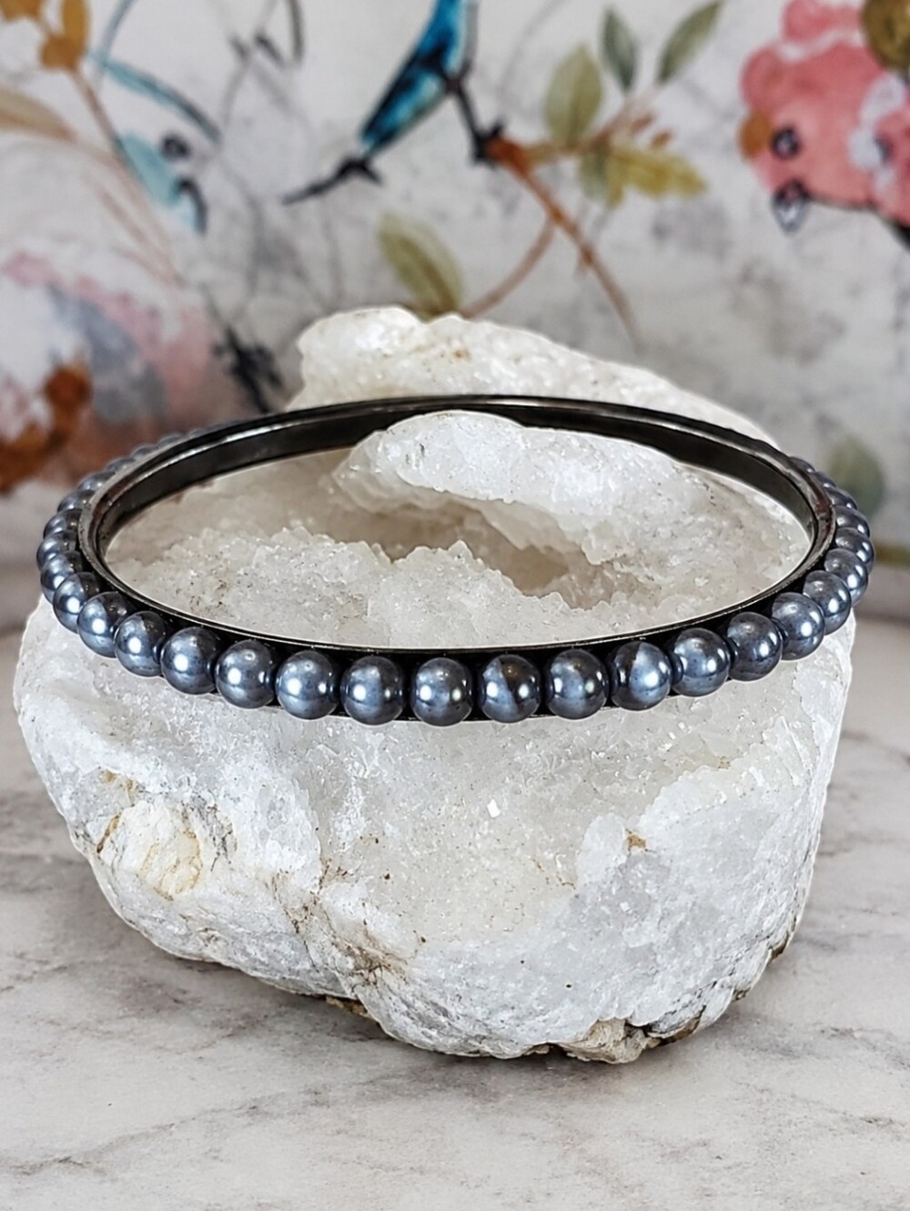 Faux Gray Grey Black Pearl Gunmetal Vintage Bangle Bracelet Costume Jewelry